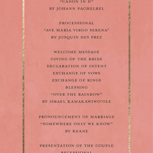 This is a coral unique wedding programs with foil pressed by Julie Hebert called birds of paradise printing on signature in 4x9