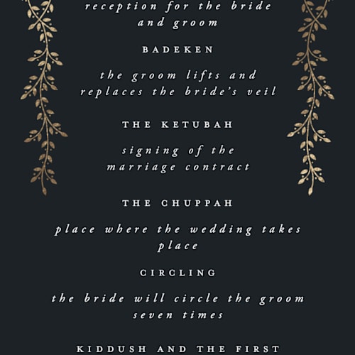 This is a midnight unique wedding programs with foil pressed by Ana de Sousa called beautiful chuppah printing on signature in 4x9