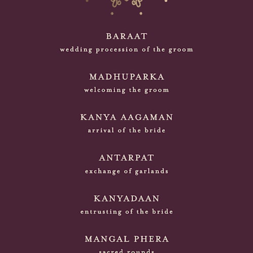 This is a plum unique wedding programs with foil pressed by Randi Cirelli called arunima printing on signature in 4x9