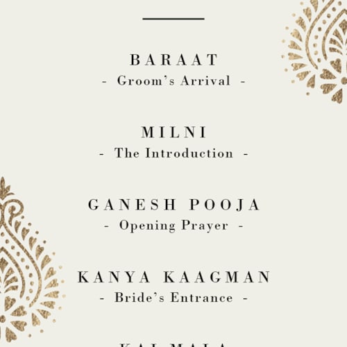 This is a champagne unique wedding programs with foil pressed by Oma N. Ramkhelawan called henna stamp printing on signature in 4x9