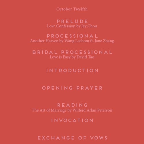 This is a ruby unique wedding programs with foil pressed by Ghia Designs called fiery printing on signature in 4x9