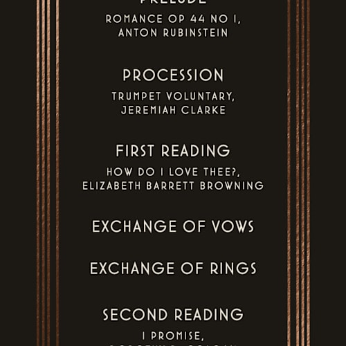 This is a midnight unique wedding programs with foil pressed by GeekInk Design called geometric deco printing on signature in standard
