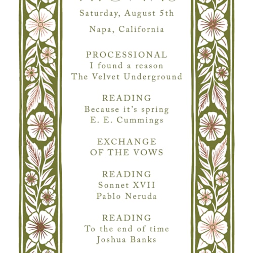 This is a avocado unique wedding programs with foil pressed by Katharine Watson called inlay frame printing on signature in standard