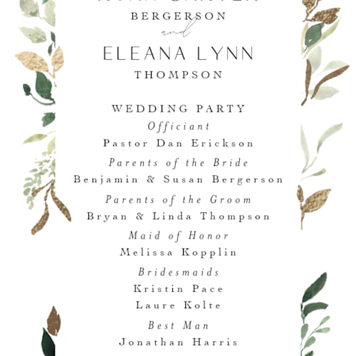 This is a greenery unique wedding programs with foil pressed by Itsy Belle Studio called garden serenity printing on signature in standard
