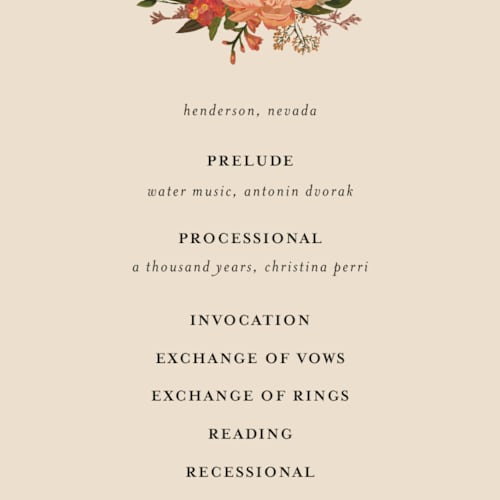 This is a harvest unique wedding programs with foil pressed by Susan Moyal called harmony printing on signature in standard