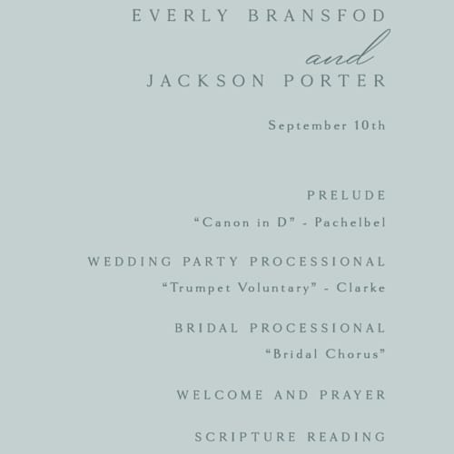 This is a sea & sky unique wedding programs with foil pressed by Kaydi Bishop called eternal printing on signature in 4x9