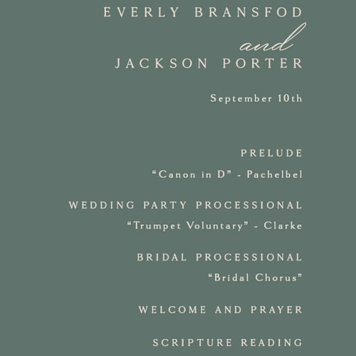 This is a moss unique wedding programs with foil pressed by Kaydi Bishop called eternal printing on signature in 4x9