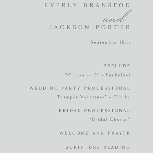 This is a stone unique wedding programs with foil pressed by Kaydi Bishop called eternal printing on signature in 4x9