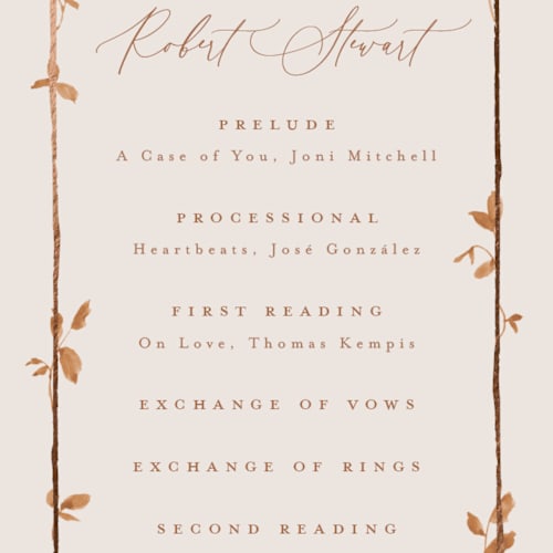 This is a cinnamon unique wedding programs with foil pressed by Everett Paper Goods called canopy printing on signature in standard