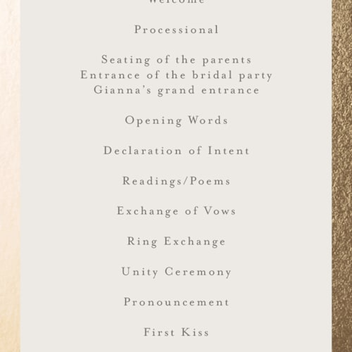 This is a vanilla unique wedding programs with foil pressed by Lori Wemple called deco nouveau printing on signature in standard