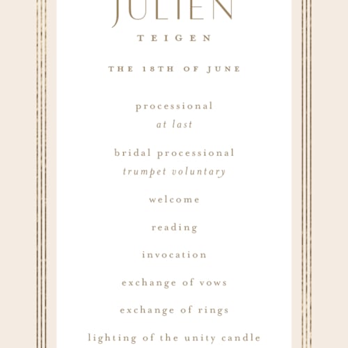 This is a latte unique wedding programs with foil pressed by Kristie Kern called soleil printing on signature in standard