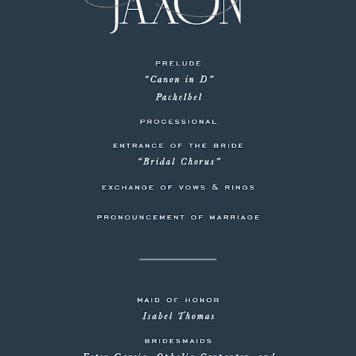 This is a navy unique wedding programs with foil pressed by Leah Bisch called unite printing on signature in 4x9