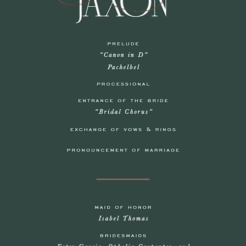 This is a emerald unique wedding programs with foil pressed by Leah Bisch called unite printing on signature in 4x9