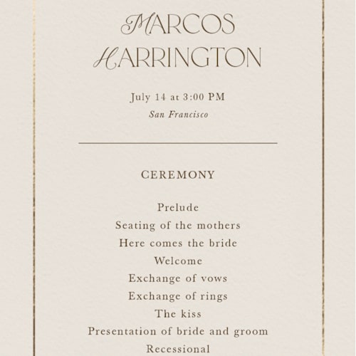 This is a ivory unique wedding programs with foil pressed by Maria Hilas-Louie called ornate elegance printing on signature in 4x9