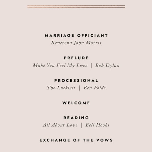 This is a blush unique wedding programs with foil pressed by Kindred Fields called deco band printing on signature in standard