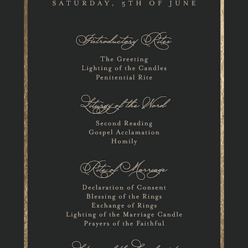 This is a charcoal unique wedding programs with foil pressed by Lucrecia Caporale called timeless charm printing on signature in standard