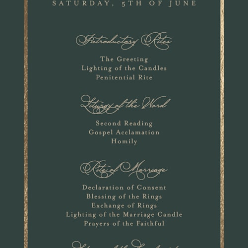 This is a jade unique wedding programs with foil pressed by Lucrecia Caporale called timeless charm printing on signature in 4x9