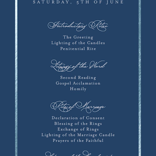 This is a deep sea unique wedding programs with foil pressed by Lucrecia Caporale called timeless charm printing on signature in 4x9