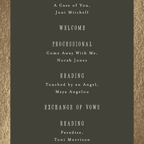 This is a graphite unique wedding programs with foil pressed by Everett Paper Goods called hillside printing on signature in standard