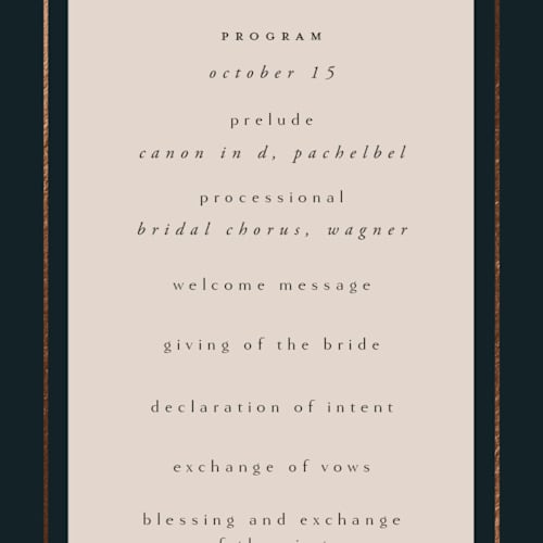 This is a onyx unique wedding programs with foil pressed by Ana de Sousa called wedding birds printing on signature in standard