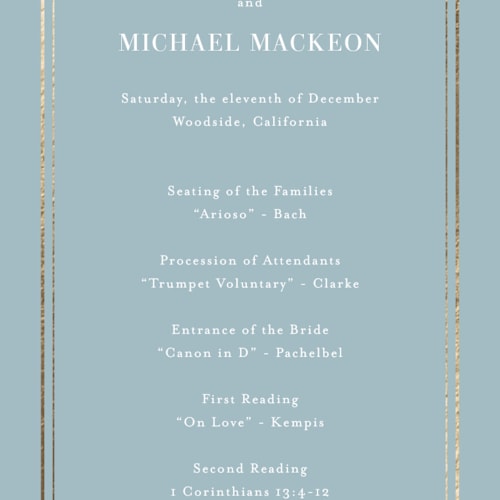 This is a powder blue unique wedding programs with foil pressed by Jennifer Postorino called polished printing on signature in standard