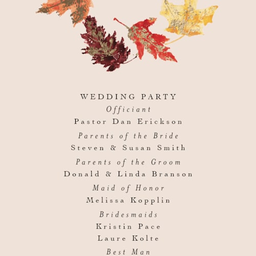 This is a autumn unique wedding programs with foil pressed by Itsy Belle Studio called autumn leafs printing on signature in standard