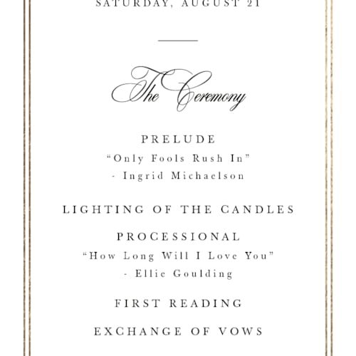 This is a snow unique wedding programs with foil pressed by Sarah Brown called traditionalist printing on signature in standard