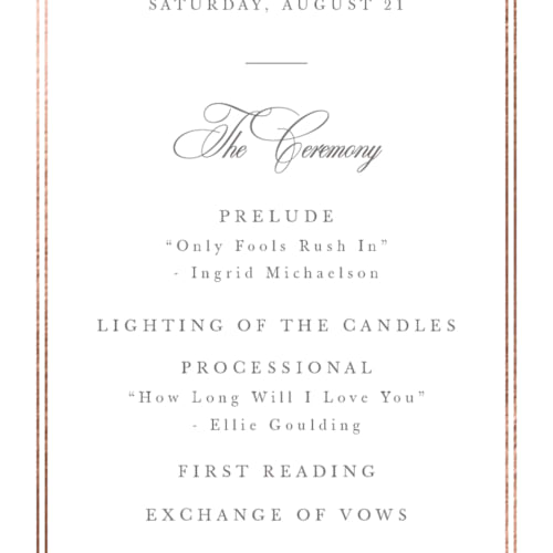 This is a cloud unique wedding programs with foil pressed by Sarah Brown called traditionalist printing on signature in 4x9