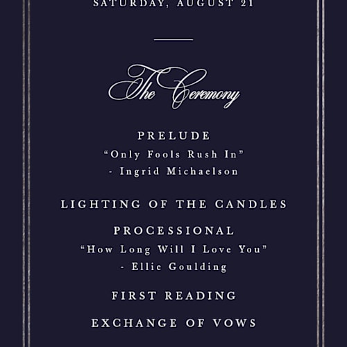 This is a navy unique wedding programs with foil pressed by Sarah Brown called traditionalist printing on signature in 4x9