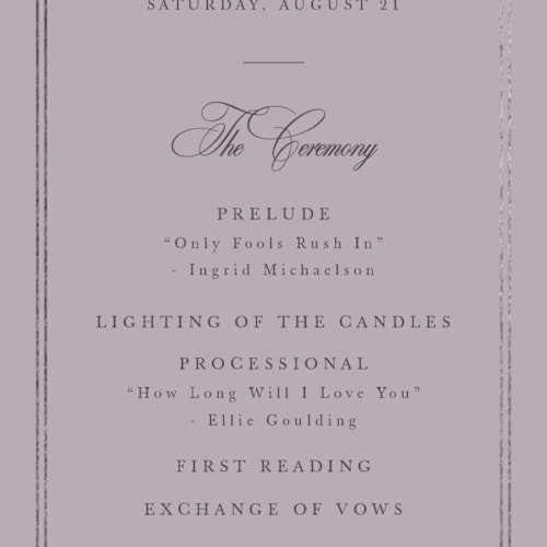 This is a lilac unique wedding programs with foil pressed by Sarah Brown called traditionalist printing on signature in standard
