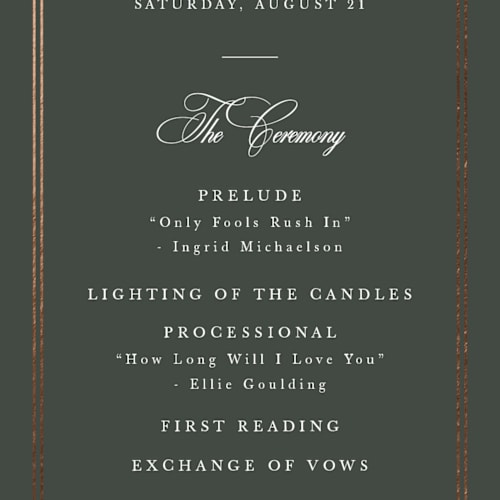 This is a hunter unique wedding programs with foil pressed by Sarah Brown called traditionalist printing on signature in 4x9
