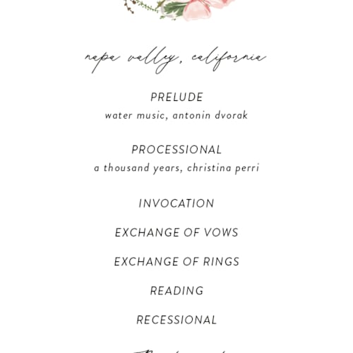 This is a peony unique wedding programs with foil pressed by Susan Moyal called timeless blooms printing on signature in standard