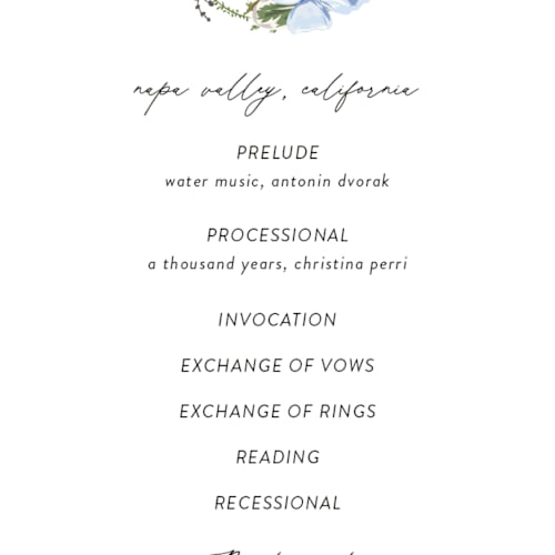 This is a azure unique wedding programs with foil pressed by Susan Moyal called timeless blooms printing on signature in standard
