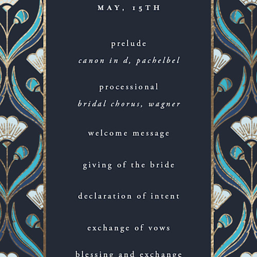 This is a cote d'azur unique wedding programs with foil pressed by Ana de Sousa called deco pattern printing on signature in standard