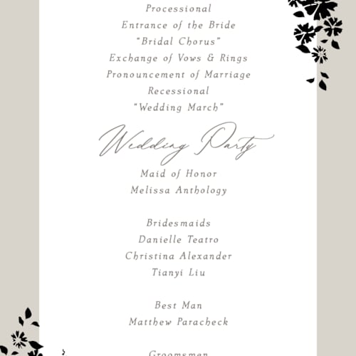 This is a smoke unique wedding programs with foil pressed by Robert and Stella called bouquet toss printing on signature in standard