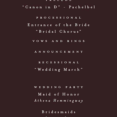 This is a cognac unique wedding programs with foil pressed by Hudson meet Rose called nouveau printing on signature in 4x9