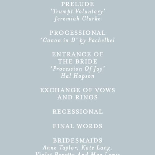This is a dusty blue unique wedding programs with foil pressed by Angela Thompson called delicacy printing on signature in standard