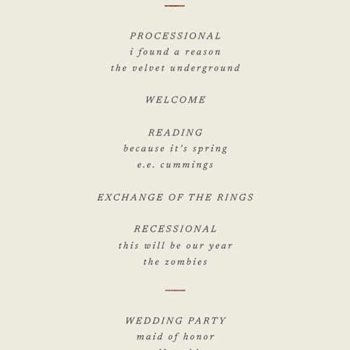 This is a linen unique wedding programs with foil pressed by Blustery August called walnut printing on signature in standard