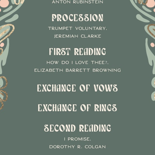 This is a sage unique wedding programs with foil pressed by GeekInk Design called nouveau frame printing on signature in standard