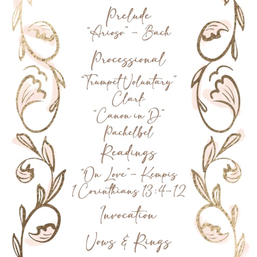 This is a blush unique wedding programs with foil pressed by Ani Somi called bella bellissima printing on signature in standard