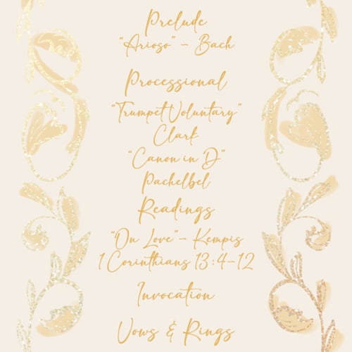 This is a sunshine unique wedding programs with foil pressed by Ani Somi called bella bellissima printing on signature in 4x9