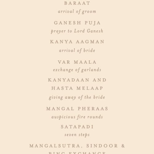 This is a carnation unique wedding programs with foil pressed by Creo Study called mandapam printing on signature in standard
