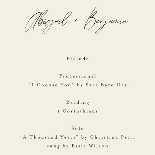 This is a cream puff unique wedding programs with foil pressed by Pixel and Hank called together printing on signature in standard