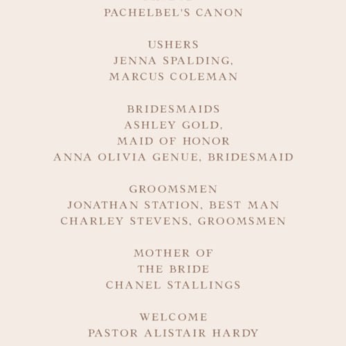 This is a cream unique wedding programs with foil pressed by Lori Wemple called bouquet printing on signature in standard