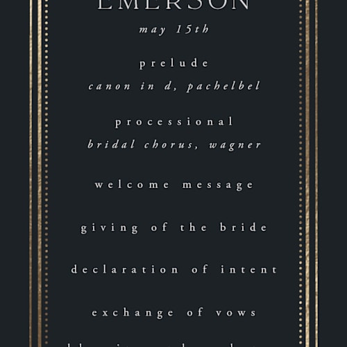 This is a navy unique wedding programs with foil pressed by Ana de Sousa called nouveau flowers printing on signature in standard