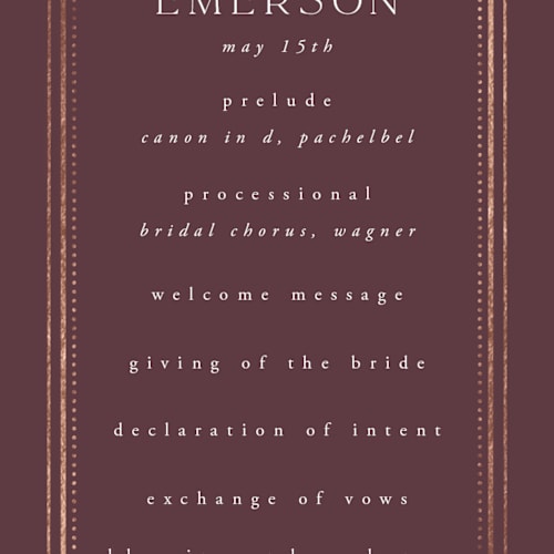 This is a plum unique wedding programs with foil pressed by Ana de Sousa called nouveau flowers printing on signature in standard
