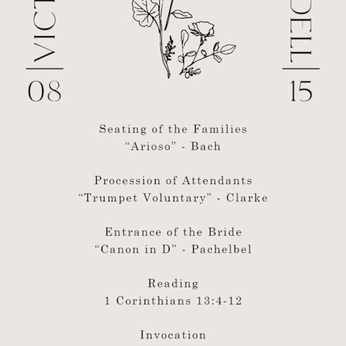 This is a linen unique wedding programs with foil pressed by Baumbirdy called floral type arch printing on signature in standard