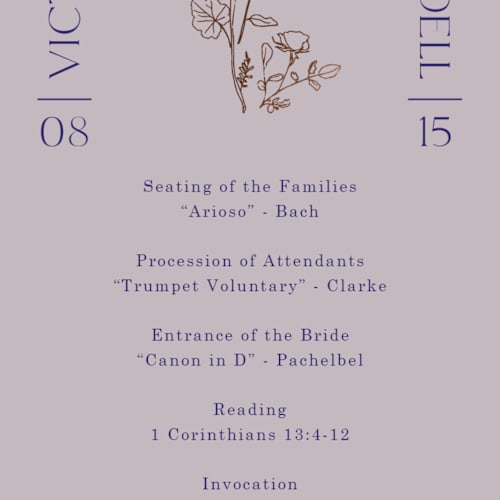 This is a wisteria unique wedding programs with foil pressed by Baumbirdy called floral type arch printing on signature in standard