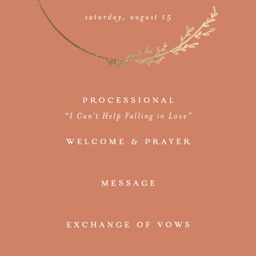 This is a terracotta unique wedding programs with foil pressed by Brianne Larsen called branched printing on signature in standard