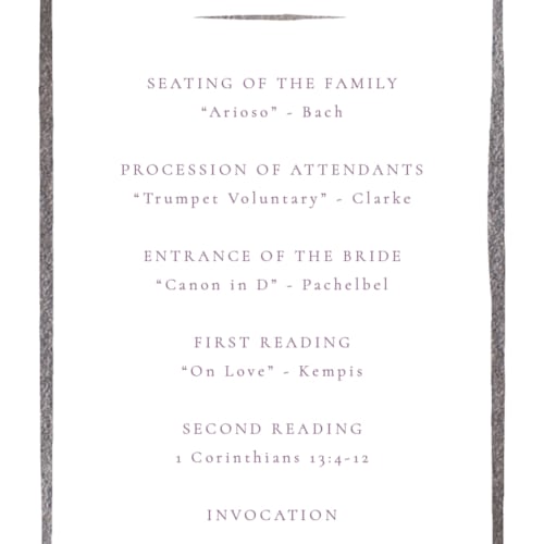This is a lilac unique wedding programs with foil pressed by Corinne Malesic called bow printing on signature in standard